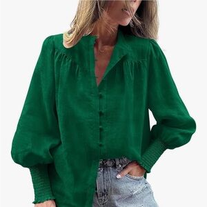 Women's Emerald Green Button-Down Puff Sleeve Blouse